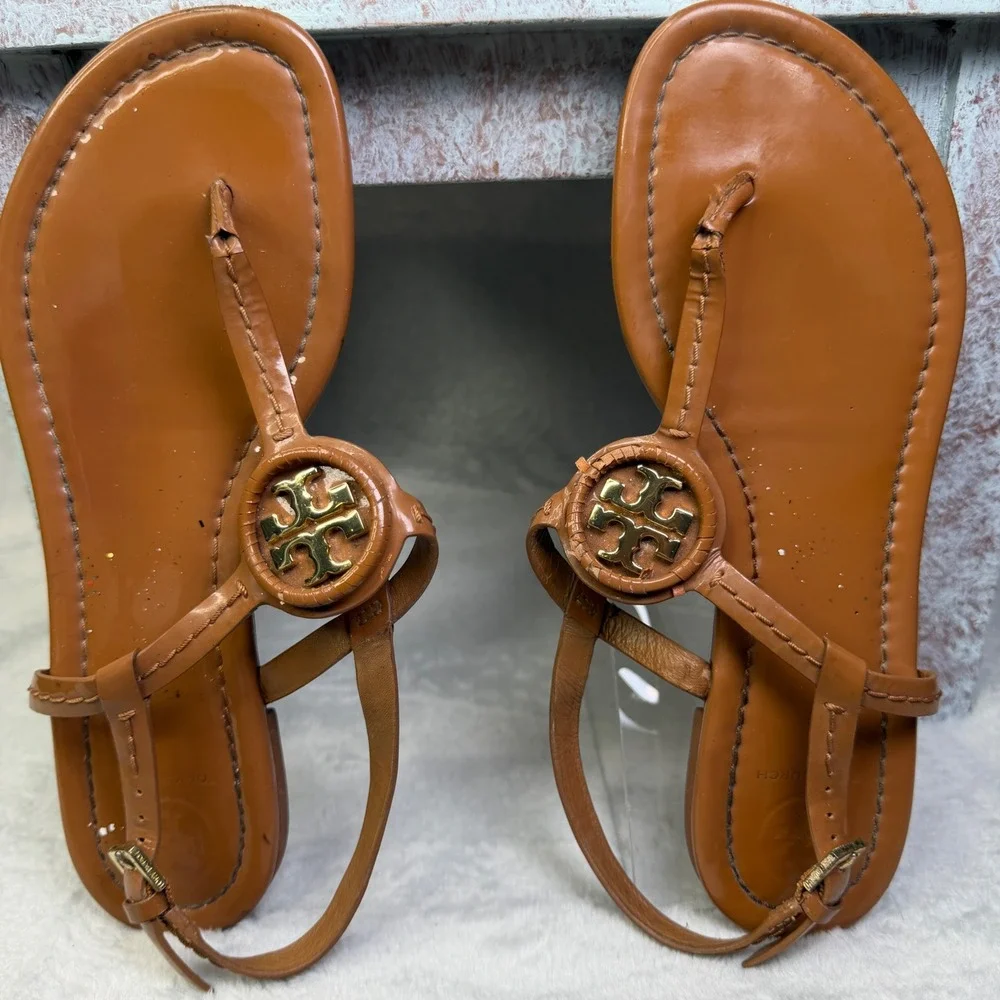 Tory Burch Miller Thong Sandals Womens 7 Tan Leather Slingback Flat 42752